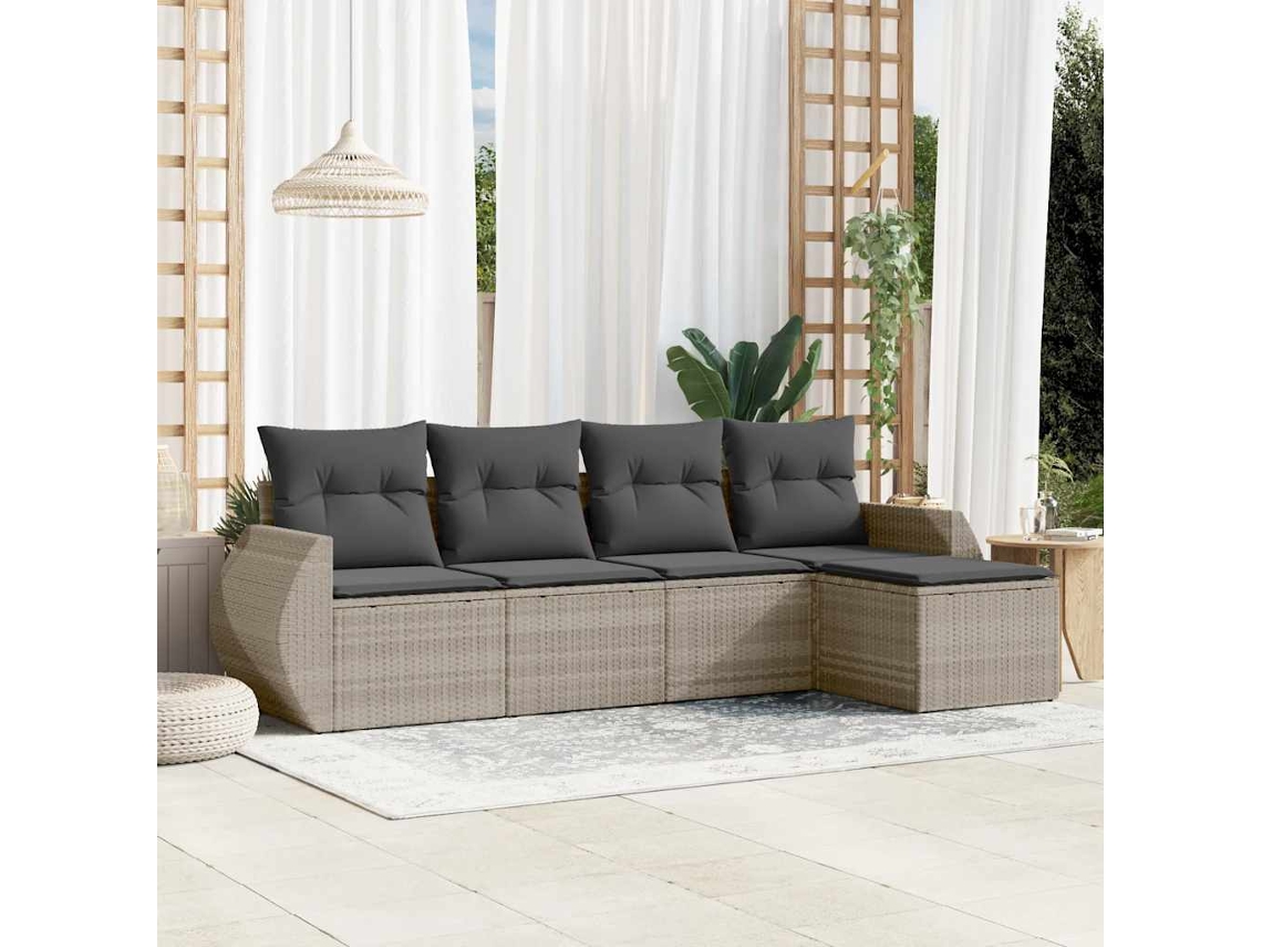 Vidaxl 5 Pcs Conj. Sofás Jardim C/ Almofadões Vime Pe Cinzento-claro