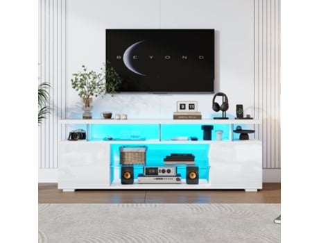 Móvel Tv Baixo Com Led, Painel De Vidro Para Tv 60, Estilo Gamer E Muito Espaço, Branco Panshiyuan