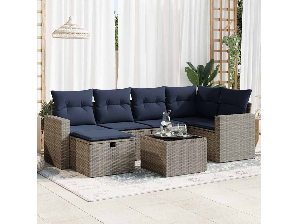 Vidaxl 7 Pcs Conjunto Sofás P/ Jardim C/ Almofadões Vime Pe Cinzento