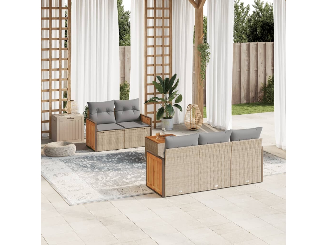 Vidaxl 6 Pcs Conjunto De Sofás P/ Jardim Com Almofadões Vime Pe Bege