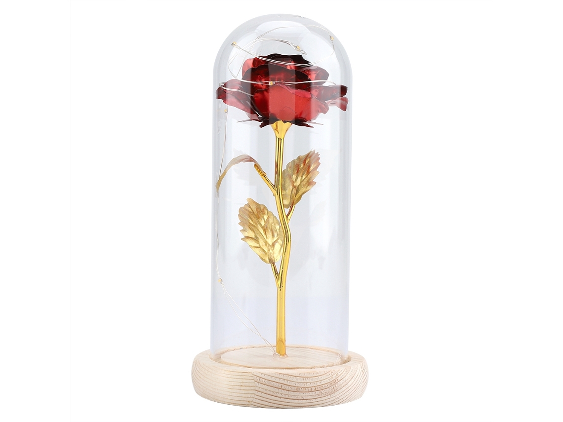 Rosa preservada com luz LED, capa de vidro e base de madeira S/MARCA