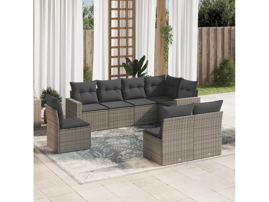 Vidaxl 8 Pcs Conjunto Sofás De Jardim C/ Almofadões Vime Pe Cinzento