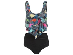 Traje de Banho Tankini com Babados e Cintura Alta, Poliester com Enchimento