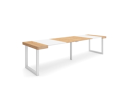 Mesa Consola Extensível, 302x90x73cm, Para 14 Pessoas, Pés De Madeira, Carvalho E Branco