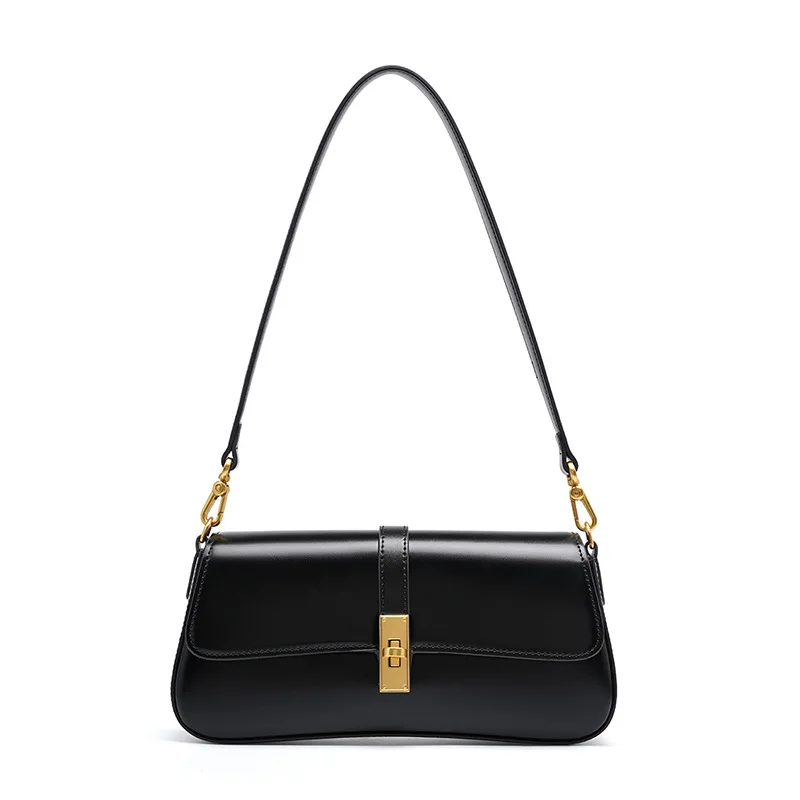 (2517-preto) Bolsa De Ombro Feminina Em Couro Genuíno, Bolsa Baguette Retrô De Alta Qualidade, Bolsa Transversal Feminina De Luxo De Grife