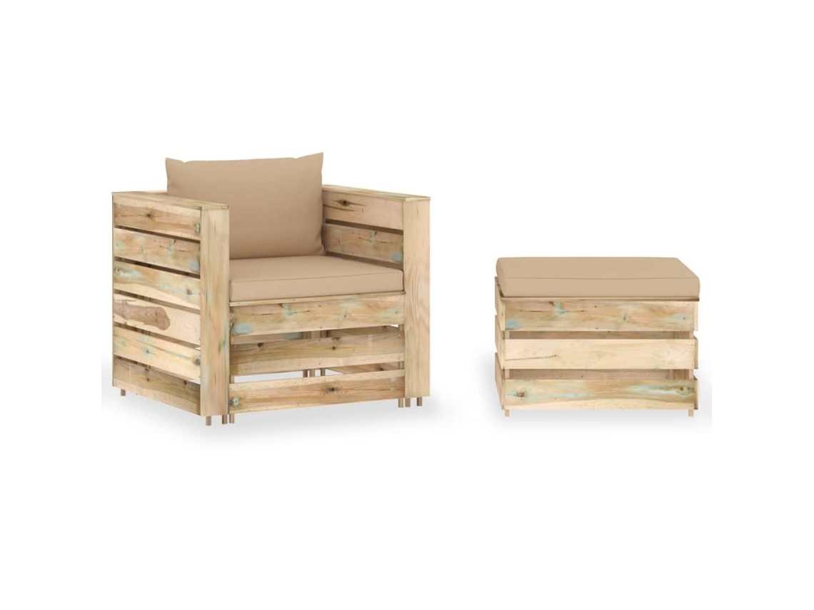 Vidaxl 2 Pcs Conj. Lounge Jardim C/ Almofadões Madeira Impreg. Verde