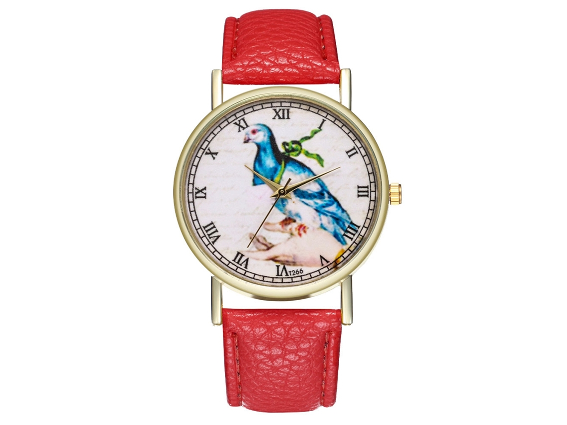 Relógio feminino de quartzo com pulseira de couro e mostrador clássico vermelho com desenho de ave de rapina.
