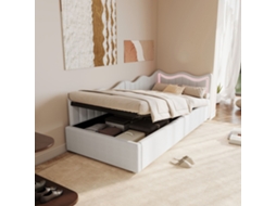 Cama Infantil Sofá 90x200 Cm Com Baú Hidráulico, Led Rgb, Cabeceira Ondulada, Estrado De Ripas, Tecido Teddy, Branco, Sem Colchão