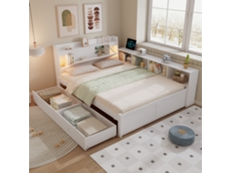 Cama Casal Branca 140x200cm Com Estantes Lâmpadas Tomada Gavetas