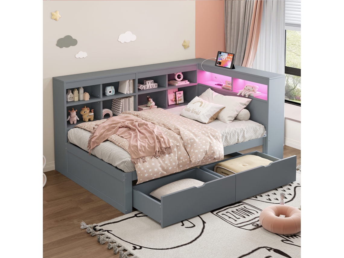 Sofá Madeira Grande 90x200cm Com Gavetas Usb Led E Armários Cinza