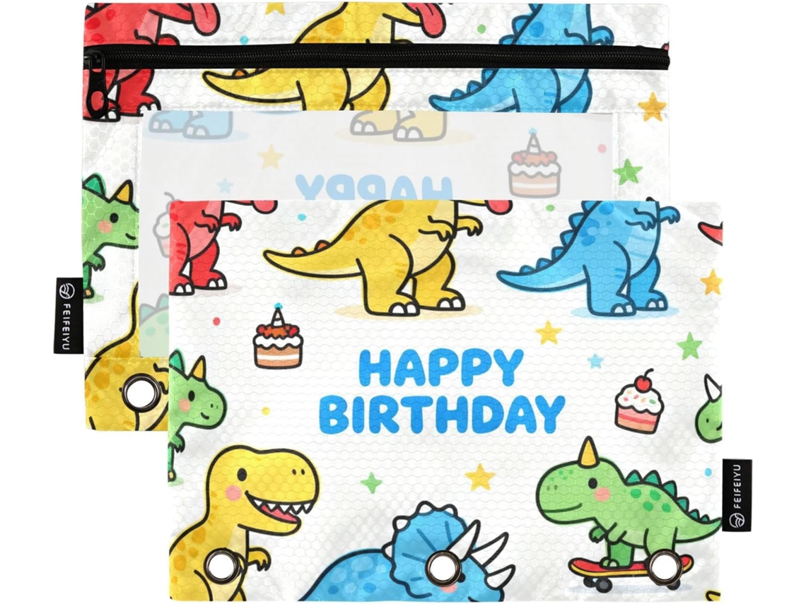 Pasta Com Zíper, Estampa De Dinossauro Desenho Animado Feliz Aniversário, Com Janela Transparente, Estojo Para Lápis