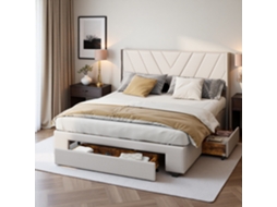 Cama Estofada 140x200cm,estrutura Em Madeira Com 3 Gavetas,cama De Casal Moderna Para Quarto,roupa De Cama Bege Rosahqnda