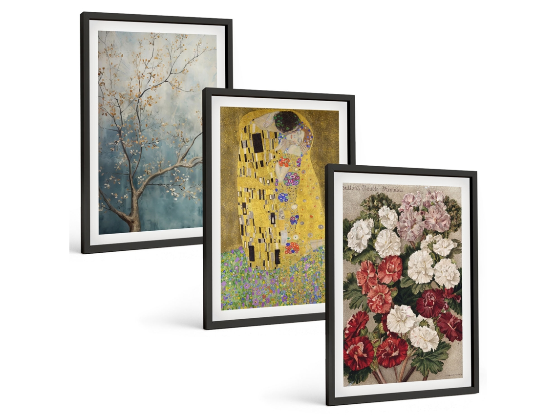 Composição De Quadros Na Parede Flores, Árvores, Pintura, Klimt Moldura Preta Quadros Para A Sala De Estar Espelharte (3 Piezas De 40x60 Cm)