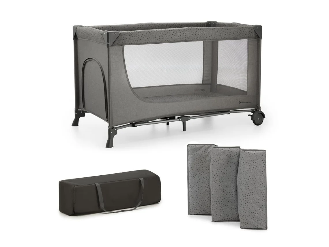 Cama de Viagem Kinderkraft JOY 2 2 em 1 para casa e viagens com laterais em rede e rodas para mover Cinzento