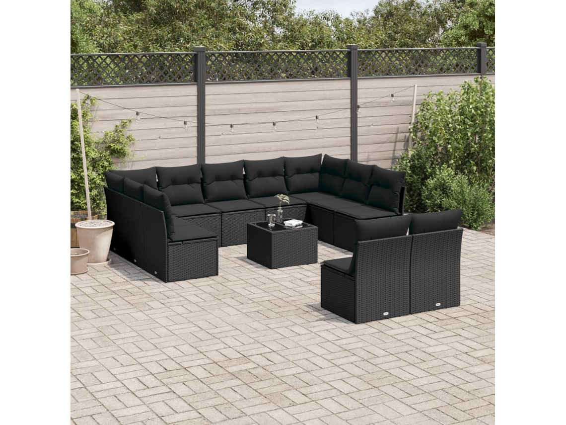 12 Pcs Conjunto De Sofá Jardim C/ Almofadões Vime Pe Preto Dkd Home Decor