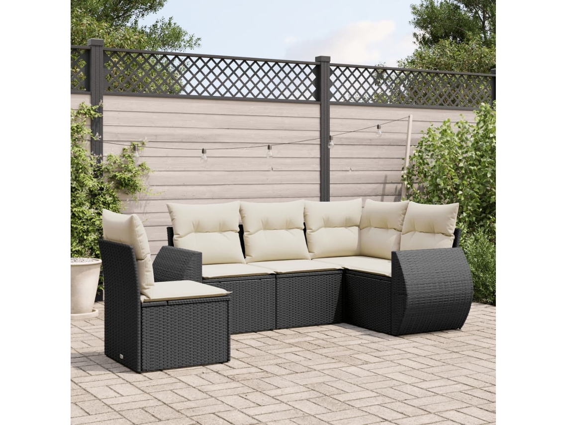 Vidaxl 5 Pcs Conjunto Sofás De Jardim Com Almofadões Vime Pe Preto