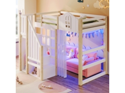 Cama Alta Infantil 90x200 Cm Com Led, Janela Decorativa, Escada Com Arrumação, Área Aberta E Mosquiteiro, Branca/natural