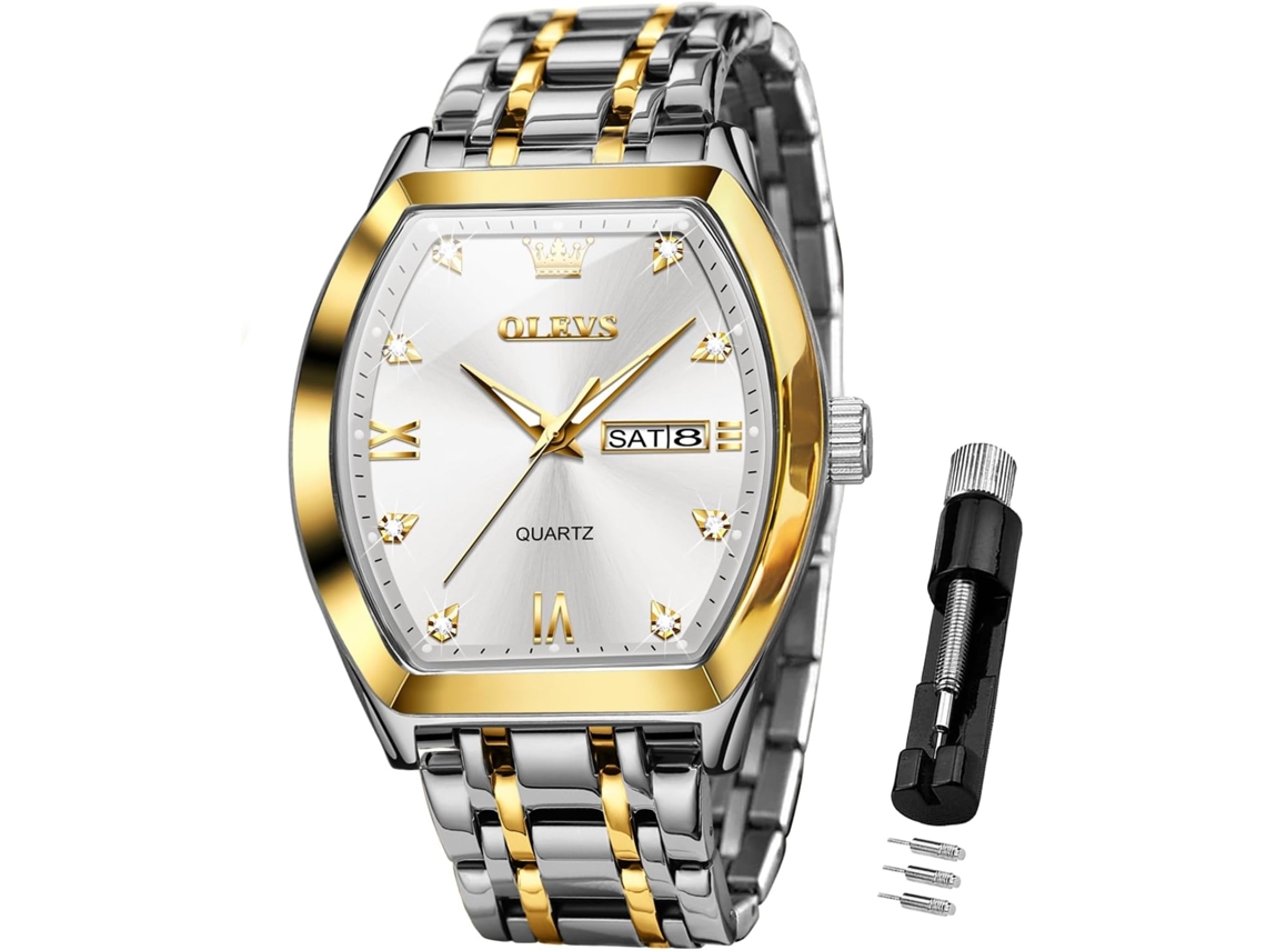Lurelia Relógio Masculino, Movimento De Quartzo, Analógico, Data/calendário, Luminoso, Detalhes Com Strass, Aço Inoxidável, Prata, Dourado