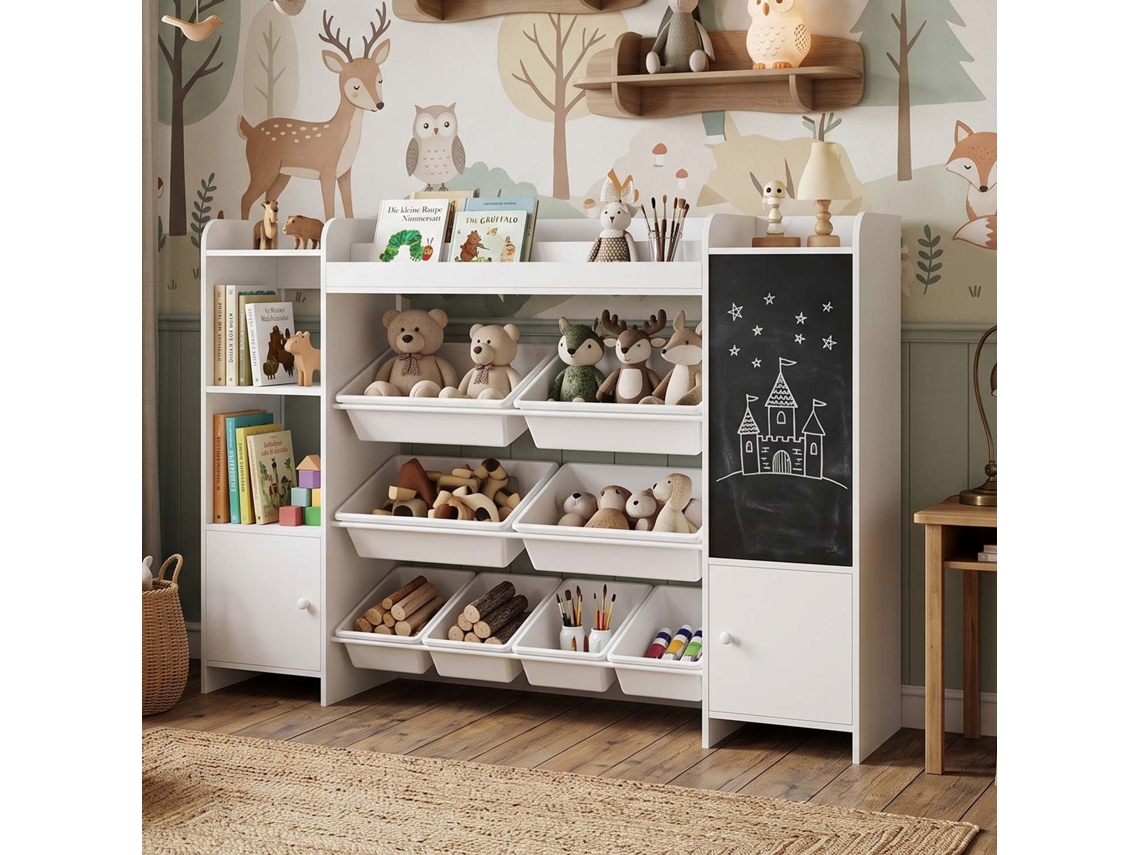 Lazyspace Estante Infantil Montessori 138x30x95 Cm Com Quadro Negro E Caixas De Arrumação - Branco