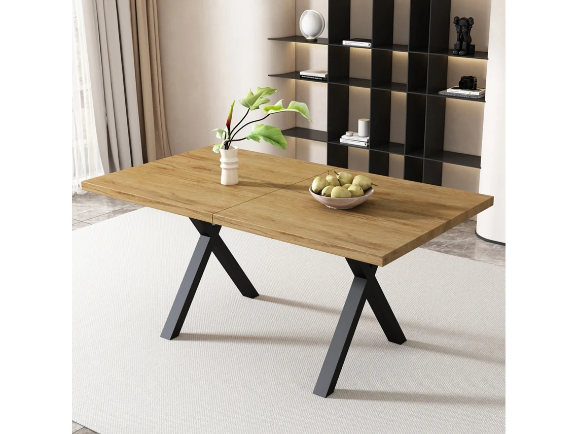 Mesa De Jantar Retangular Simples, Design Com Pés Cruzados, Ferro Forjado, Moderna, Também Para Uso Como Mesa De Centro