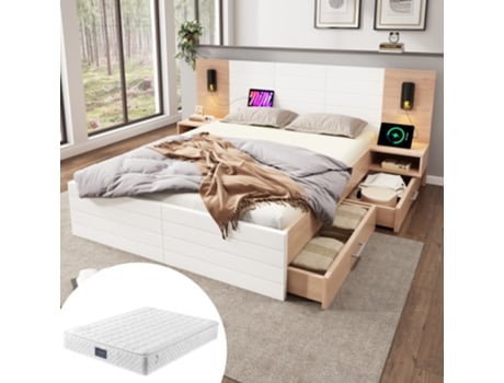 Cama De Casal De Madeira 160×200cm Com 2 Gavetas, Cabeceira Com Luz De Leitura E Função De Carregamento Usb, Cama Moderna Incluindo 2 Mesas De Cabe
