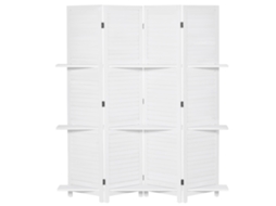 Biombo 4 Painéis Madeira 160x170cm Branco, Separador de Ambiente Dobrável, 3 Prateleiras Removíveis e Desenho Persiana para Quarto e Escritório.