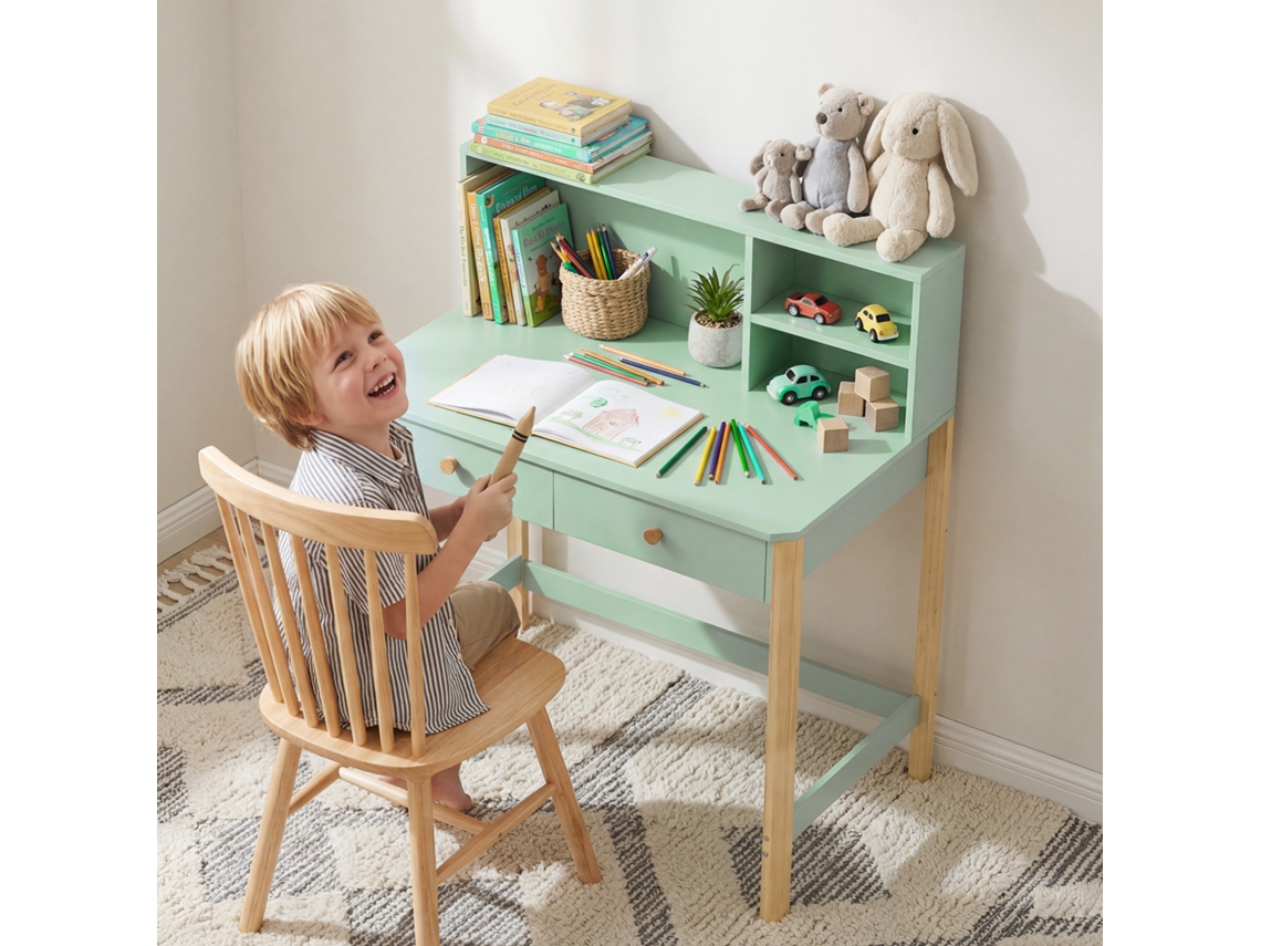 Mesa De Estudo Infantil Com Gavetas E Prateleira Para Crianças De 5 A 12 Anos - 90x52x105 Cm Na Cor Verde