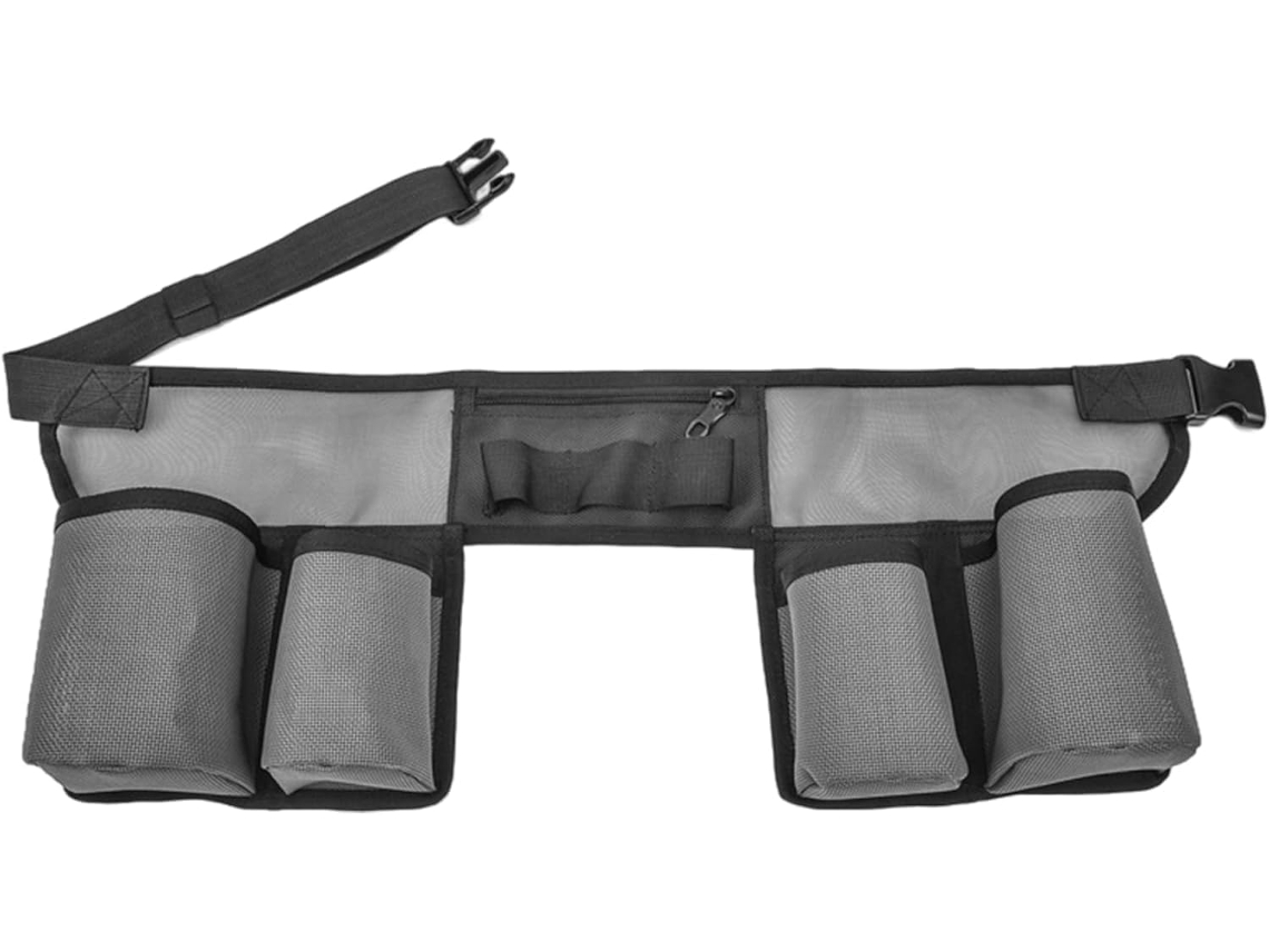Cinto utilitário ajustável para limpeza de sapatos com diversos compartimentos, ideal para uso doméstico e feminino, na cor preta. Perfeito para limpeza.