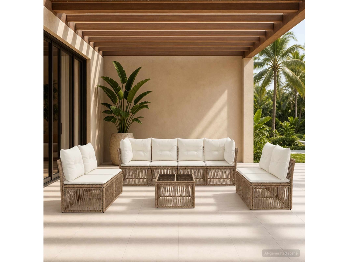 Vidaxl Conjunto De Sofá De Jardim 9 Pcs Bege Vime Pe