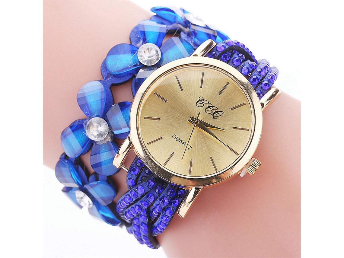 Relógio de Quartzo Feminino Ccq Elegante Pulseira Flor com Strass Azul