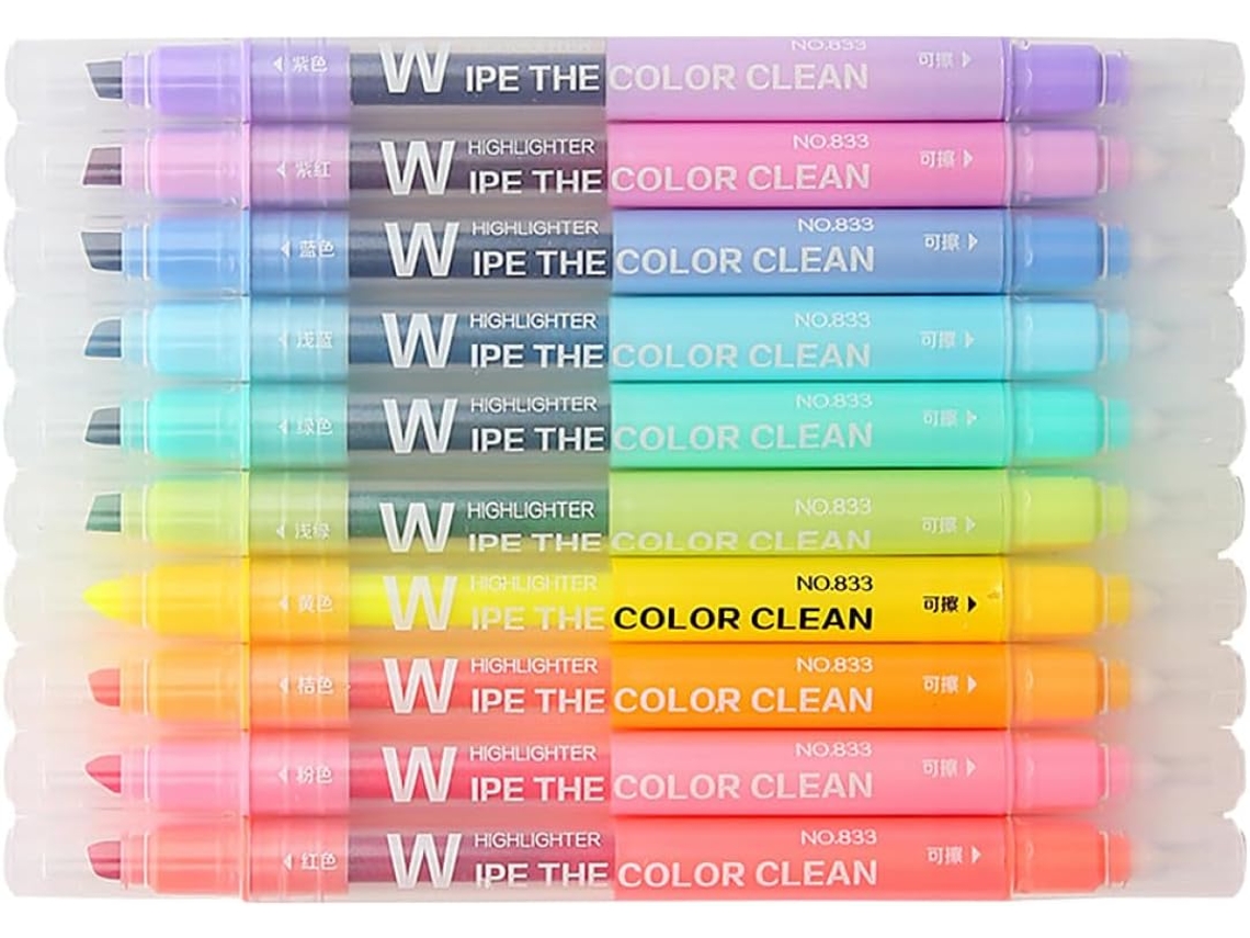 Marcadores de Texto Apagáveis Alipis com Ponta Dupla, 10 Cores Pastel para Diários e Anotações Escolares, Plás