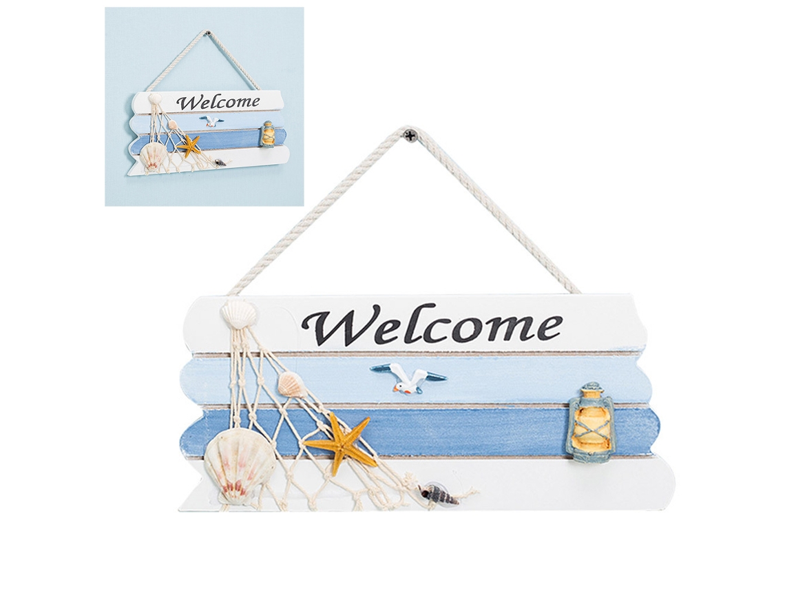 Placa de Madeira Náutica "welcome" com Estrelas do Mar e Conchas para Decoração de Porta | S/MARCA