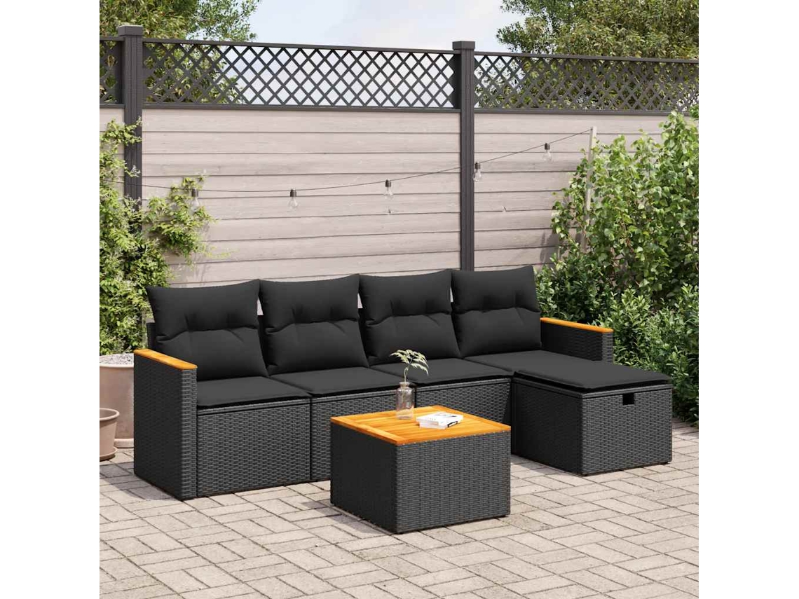 Vidaxl 6 Pcs Conjunto Sofás De Jardim C/ Almofadões Vime Pe Preto