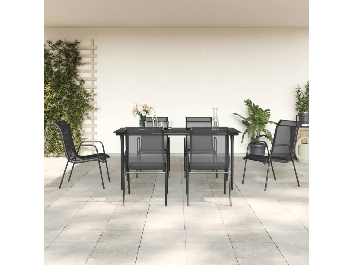 Vidaxl 7 Pcs Conjunto De Jantar Para Jardim Aço E Textilene Preto