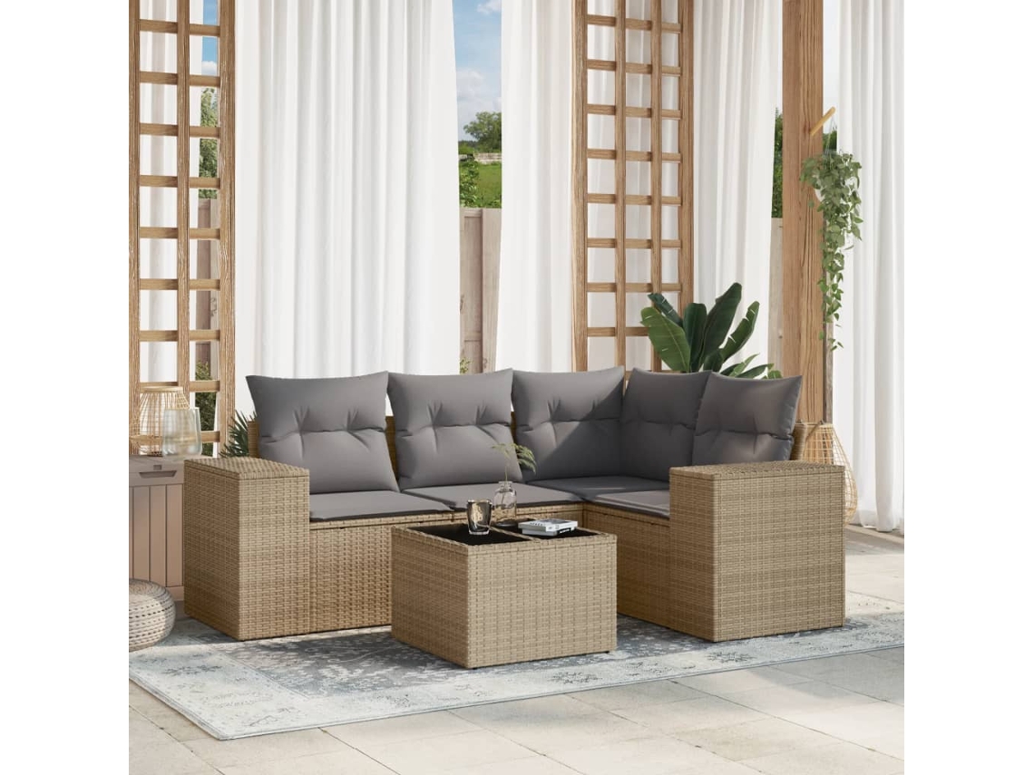 Vidaxl 5 Pcs Conjunto De Sofás P/ Jardim Com Almofadões Vime Pe Bege