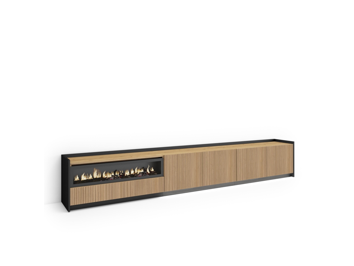 Móvel De Tv, 310x37x50cm, Para Televisores Até 80", Lareira Eléctrica, Led, Carvalho E Preto