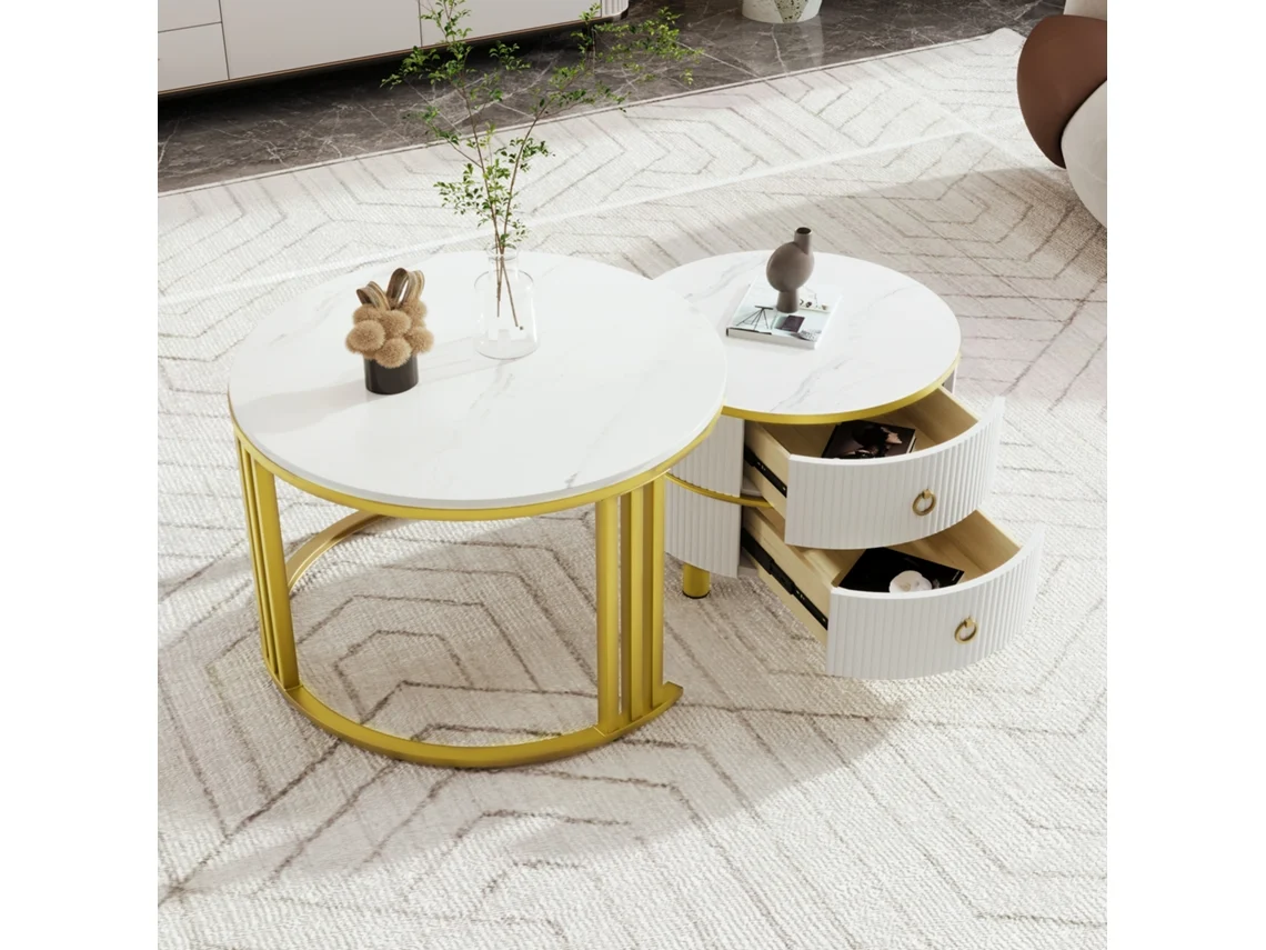 Conjunto 2 Mesas Centro Mdf 70+50cm, Brilhante+mármore, 2 Gavetas.-hw