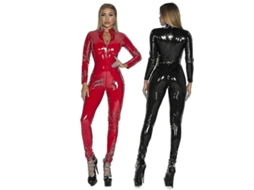Macacão De Couro Falso Para Mulher Com Material Pu E Spandex Tipo Body Suit Padrão Liso Adulto Vermelho