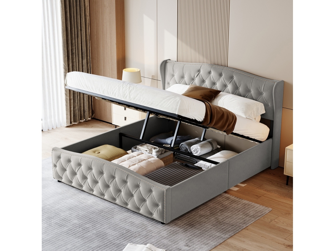 Cama Estofada 140x190 Cm com Arrumação Hidráulica, Cama Funcional com Estrado e Cabeceira Moderna, Veludo Cinza, Sem Colchão BURSDANY