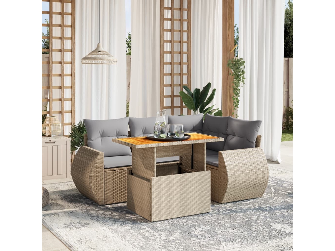 Vidaxl 5 Pcs Conjunto De Sofás P/ Jardim Com Almofadões Vime Pe Bege
