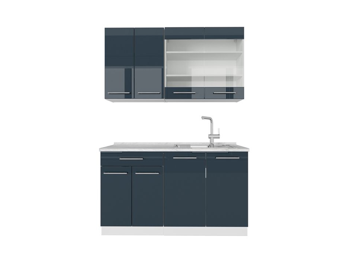 Cozinha Fame-Line, 140 cm, Mármore PT, azul escuro/branco brilhante, VICCO