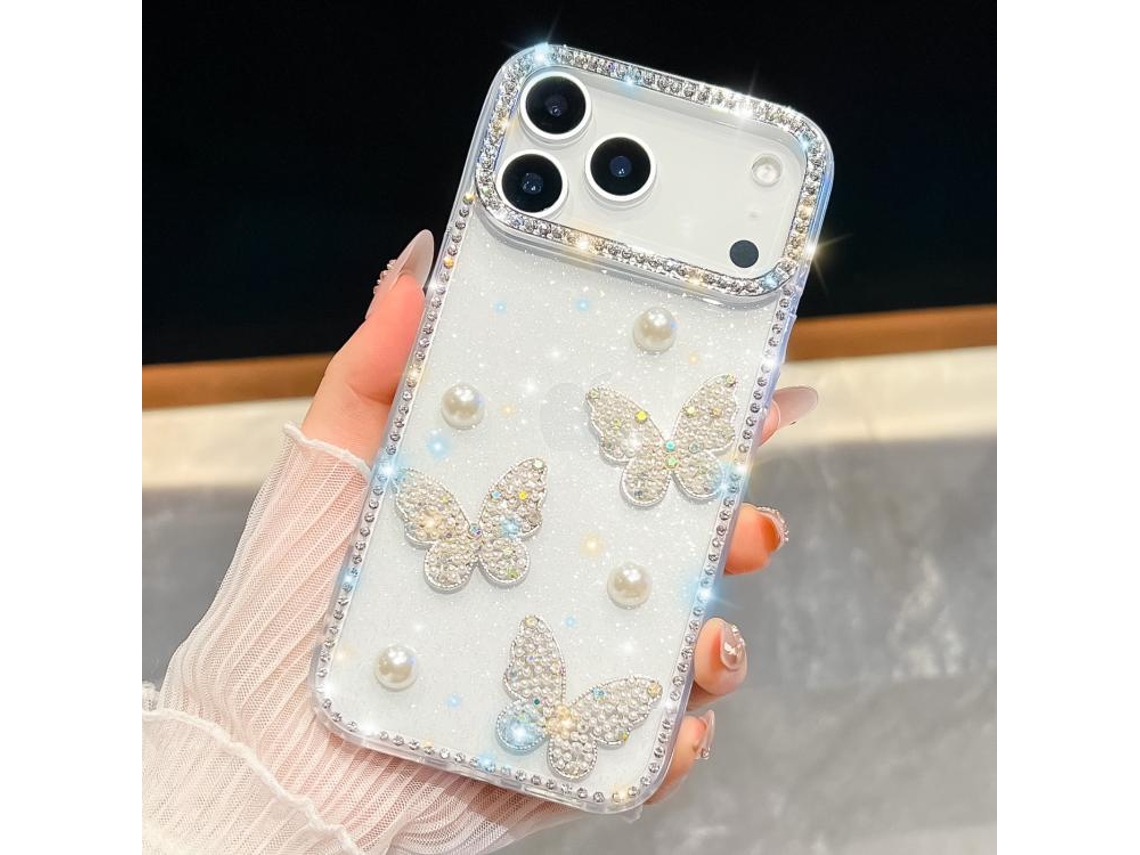 Capa Para Iphone 17 Pro Max Com Pérola Brilhante De Diamante E Borboleta, Resistente A Impactos Com Quatro Cantos Reforçados.