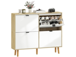 Sapateira Estreita com 4 Portas em Branco Brilho Prateleiras Ajustáveis Pernas de Madeira para 20 Pares de Sapatos 105x24x92,5 Cm Ge