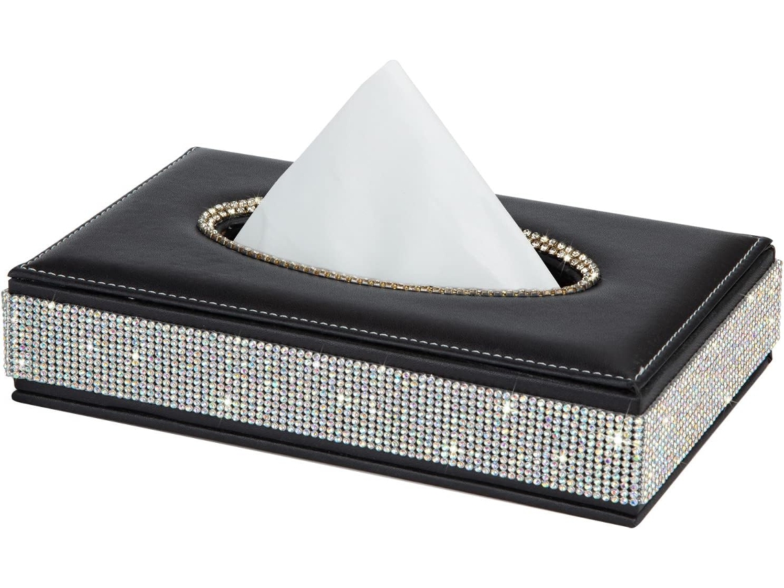 Porta Papéis Retangular Decorativo Em Couro Com Strass Aquaforge (preto)
