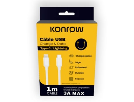 Kcctlnpdw1 Câble Usb Lightning Vers Type C Emballage Original Konrow (1m, Nylon, Blanc)