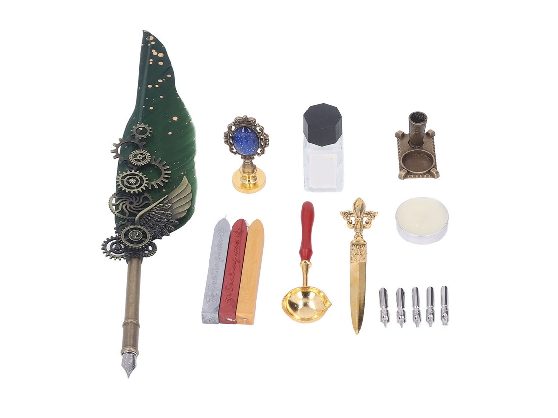 Set Pluma De Pluma Retro Exquisita Cera De Fuego Com Estampilla E Base De Vela Pluma Verde