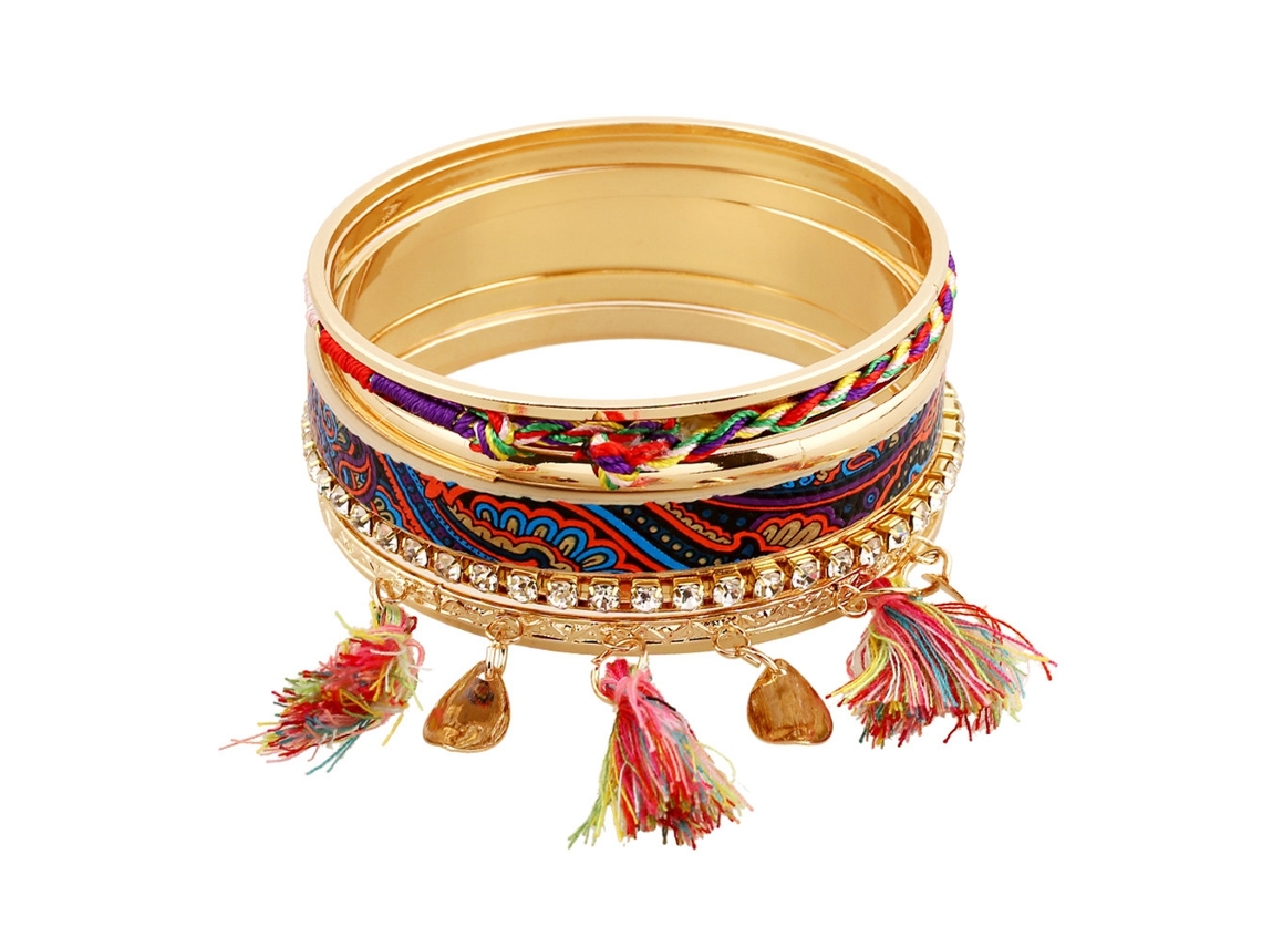 Pulseira Feminina Estilo Étnico Camadas Múltiplas Com Tassels De Folha