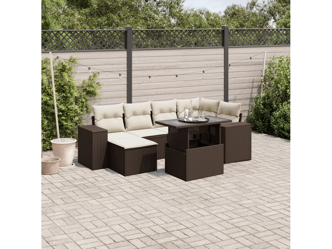 Vidaxl 7 Pcs Conjunto De Sofás Jardim C/ Almofadões Vime Pe Castanho