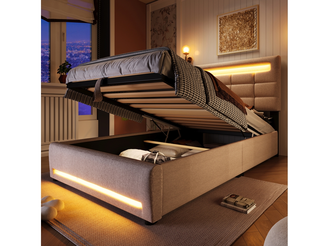 Cama Polster 90x200cm App Led Hidráulica Usb Linho Bege