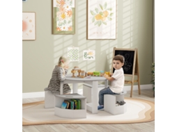 Conjunto Infantil Em Madeira Compartimento Armazenamento Que Poupa Espaço De Mesa E Banquinho 5 Peças Cinzento